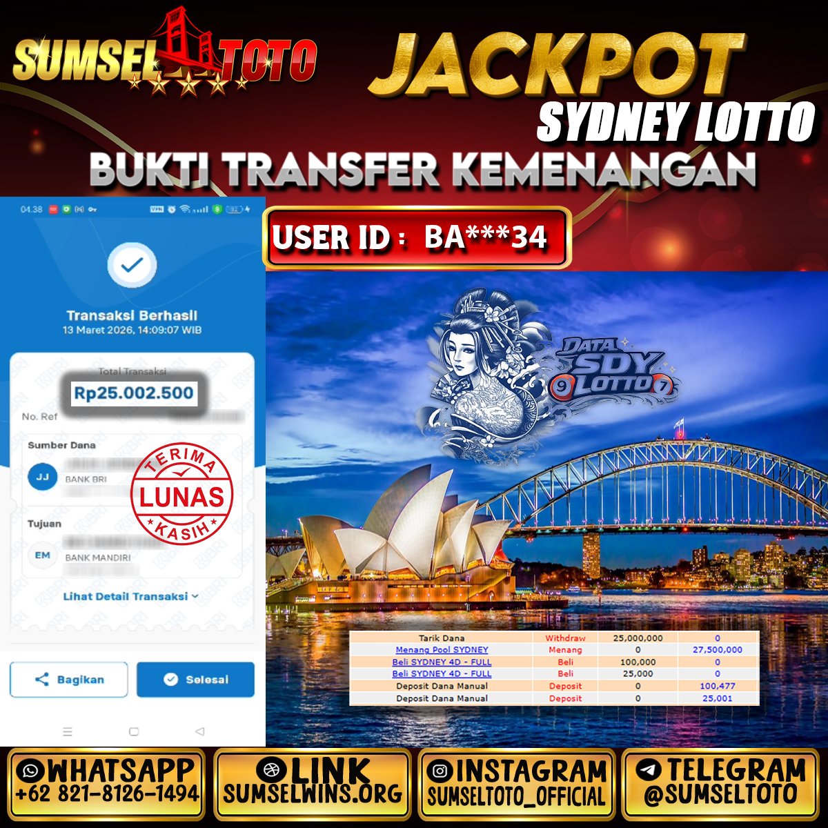 SUMSELTOTO JACKPOT SYDNEY LOTTO Rp.25,000,000.,- LUNAS